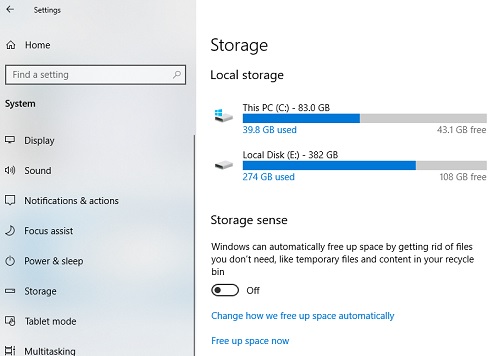 Storage shortage issue in windows 10
