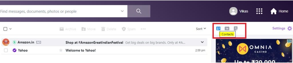 Contacts in yahoo mail