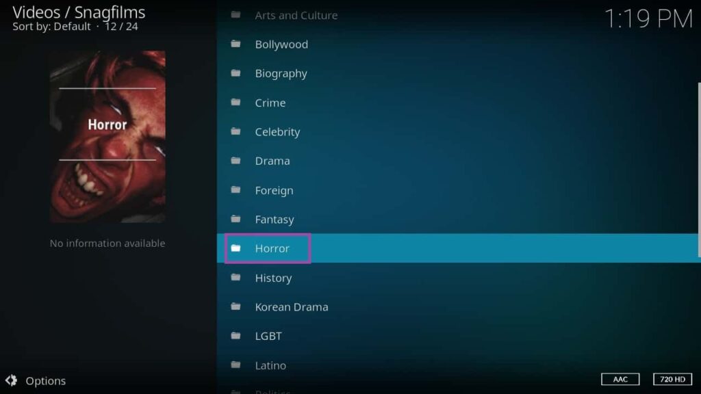 Screenshot of KODI, walkthrough of SnagFilms add-on.