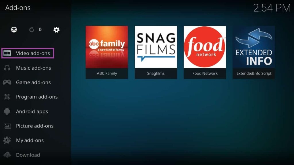 Screenshot of KODI app with all video add-ons.