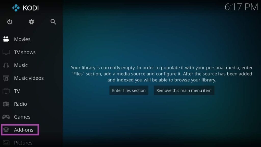 Screenshot of main menu screen of KODI app.