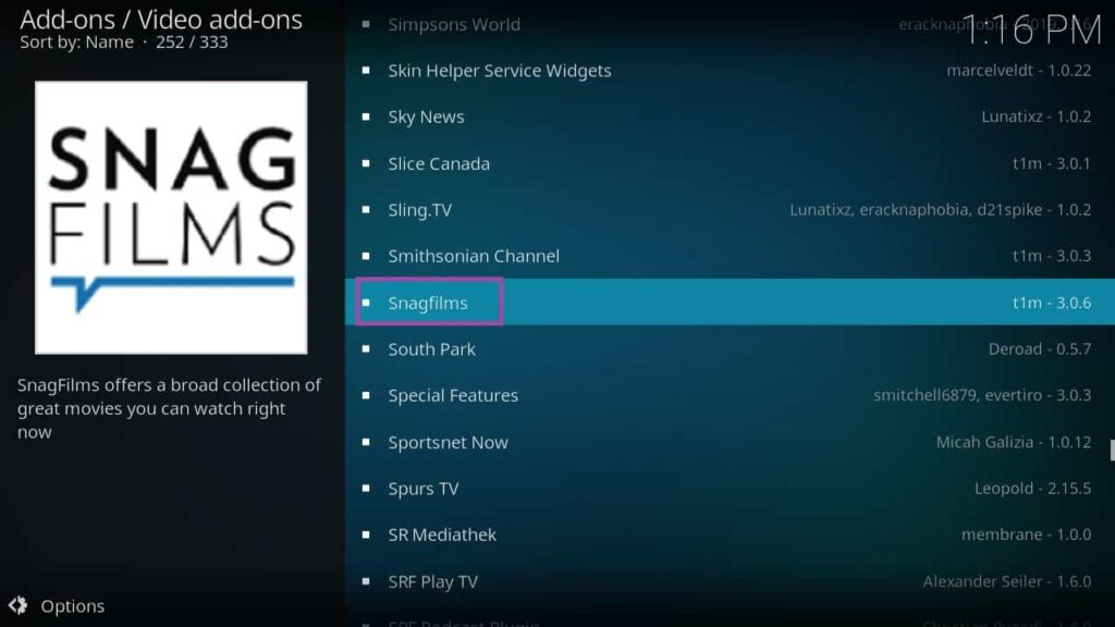 Screenshot of KODI, installing SnagFilms add-on.