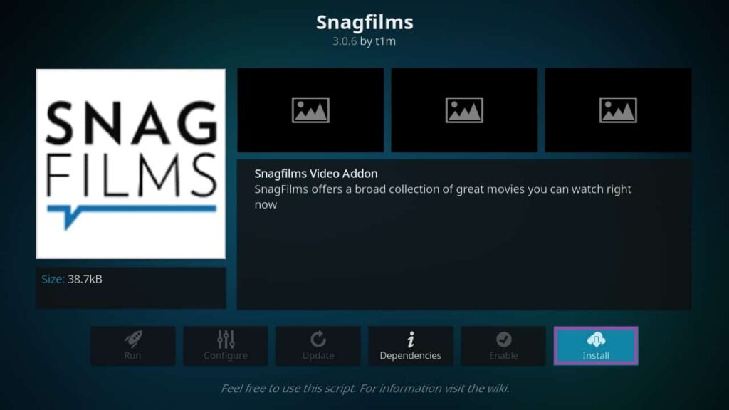 Screenshot of KODI, installing SnagFilms add-on.