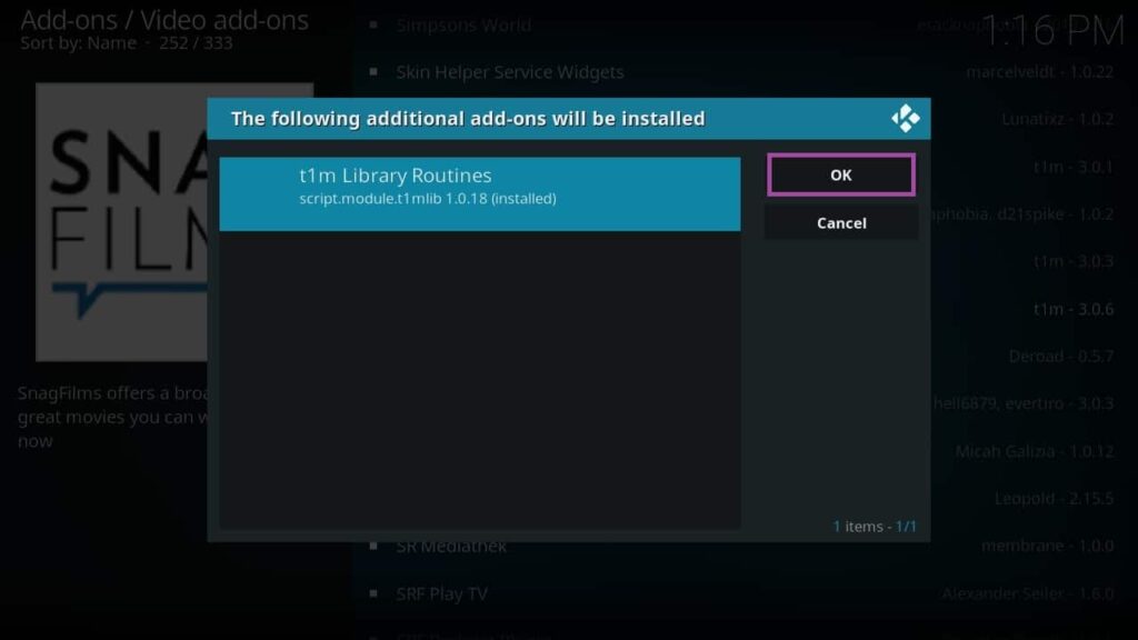Screenshot of KODI, installing SnagFilms add-on.