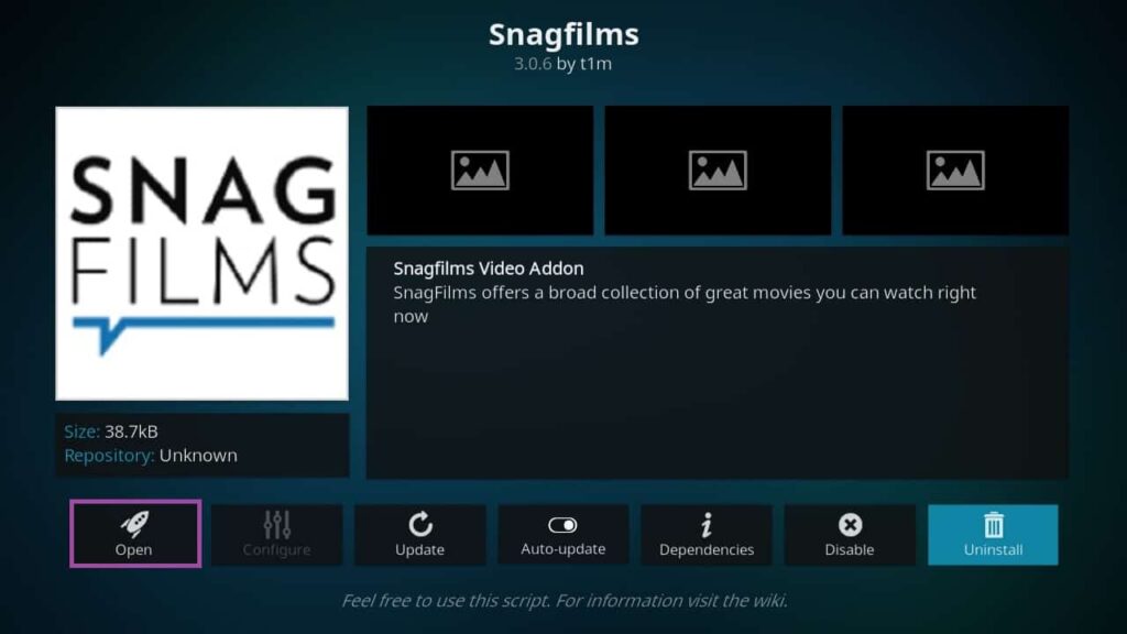Screenshot of KODI, installing SnagFilms add-ons.