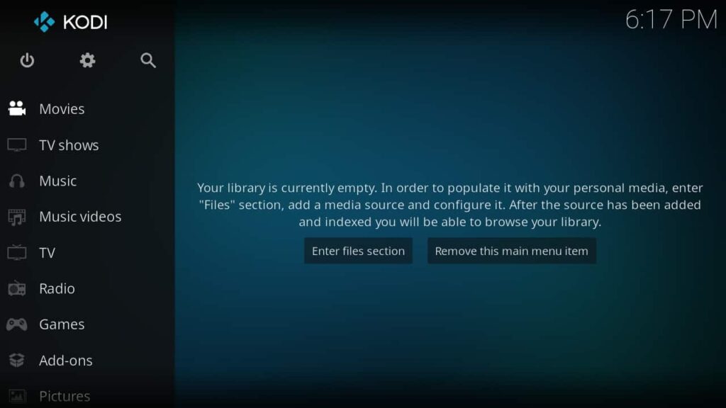 Screenshot of KODI's home screen, Streaming app to watch movies online and TV shows