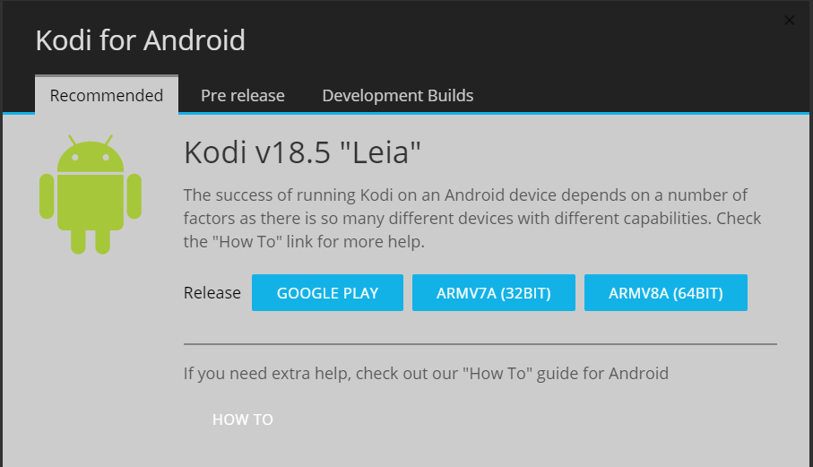 Screenshot of KODI, downloading options for android.