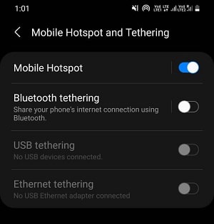 connect via hotspot, Bluetooth, and usb tethering